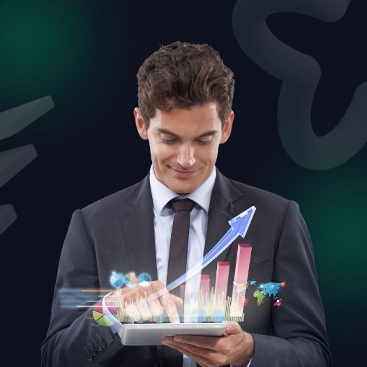 Confident forex trader analyzing financial growth charts on a tablet, representing profitable online trading with Heddge Capitals